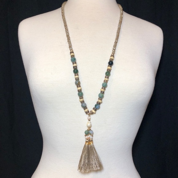 Brown Green Tan Bead Double Tassel long Necklace - Picture 1 of 3